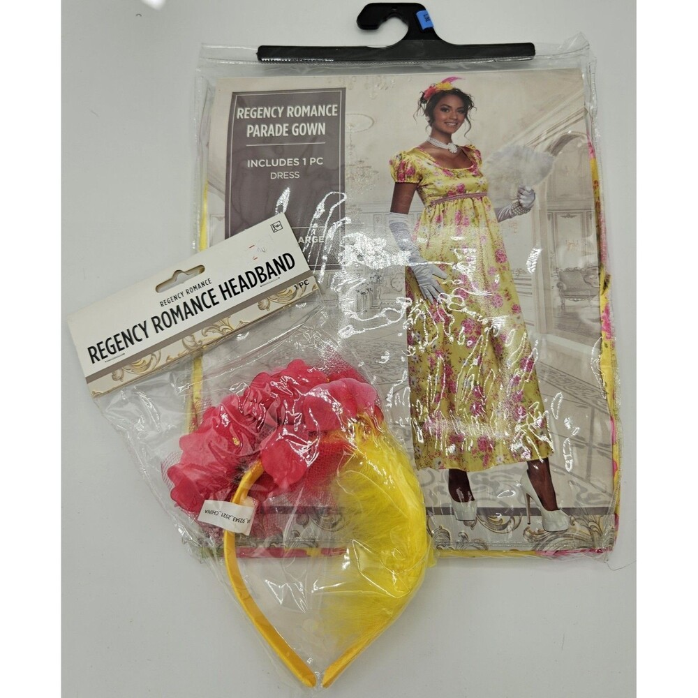 Regency Romance Parade Gown Bridgerton Cosplay Costume Yellow Floral L/XL 10-12